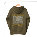 Living Water Eternal Life Hoodie In Military Green On Hanger