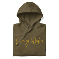 Close Up Of A Living Water Eternal Life Hoodie In Military Green
