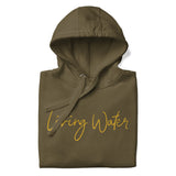 Close Up Of A Living Water Eternal Life Hoodie In Military Green