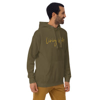 Man Wearing A Living Water Eternal Life Hoodie In Military Green, Front View