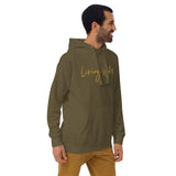Man Wearing A Living Water Eternal Life Hoodie In Military Green, Front View