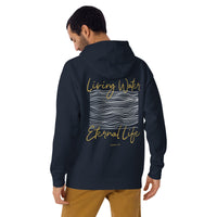 Man Wearing A Navy Living Water Eternal Life Hoodie