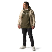 Man Wearing A Way Maker Hoodie In Military Green, Front View