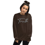Woman Wearing A Brown Truth Sweatshirt