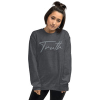 Woman Wearing A Heather Grey Truth Sweatshirt