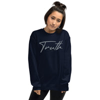 Woman Wearing A Navy Truth Sweatshirt