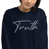 Close Up Of A Woman Wearing A Navy Truth Sweatshirt