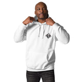 Man Wearing A White Arise Hoodie, Front View