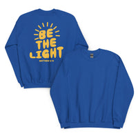 Back And Front View Of A Be The Light Sweatshirt In Royal Blue