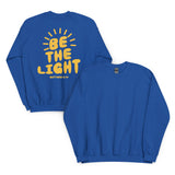 Back And Front View Of A Be The Light Sweatshirt In Royal Blue