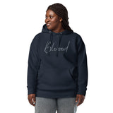 Woman Wearing A Navy Blessed Hoodie