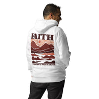 Man Wearing A White Faith Can Move Mountains Hoodie