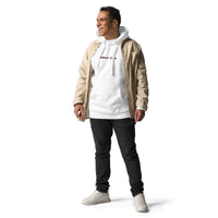 Man Wearing A White Faith Can Move Mountains Hoodie, Front View