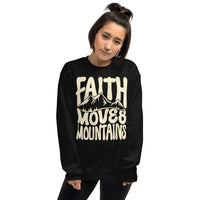 Woman Wearing A Black Faith Moves Mountains Sweatshirt