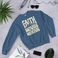 Front View Of A Faith Moves Mountains Sweatshirt In Indigo Blue