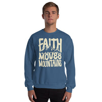 Man wearing A Faith Moves Mountains Sweatshirt In Indigo Blue