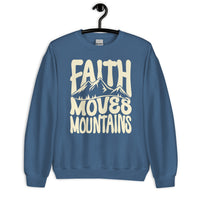Front View Of A Faith Moves Mountains Sweatshirt In Indigo Blue On Hanger