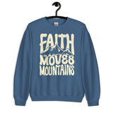 Front View Of A Faith Moves Mountains Sweatshirt In Indigo Blue On Hanger
