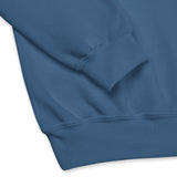 Close Up Details Of A Faith Moves Mountains Sweatshirt In Indigo Blue