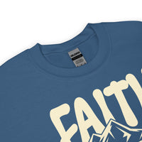 Close Up Of A Faith Moves Mountains Sweatshirt In Indigo Blue