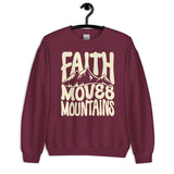Front View Of A Maroon Faith Moves Mountains Sweatshirt On Hanger