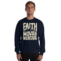 Man Wearing A Navy Faith Moves Mountains Sweatshirt, Front View