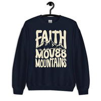 Front View Of A Navy Faith Moves Mountains Sweatshirt On Hanger