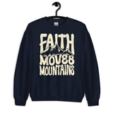 Front View Of A Navy Faith Moves Mountains Sweatshirt On Hanger