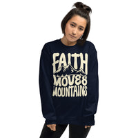 Woman Wearing A Navy Faith Moves Mountains Sweatshirt