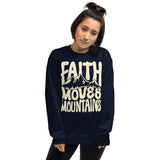 Woman Wearing A Navy Faith Moves Mountains Sweatshirt