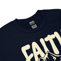 Close Up Of A Navy Faith Moves Mountains Sweatshirt