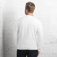 Man Wearing A White Faith Can Move Mountains Sweatshirt, Back View