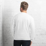 Man Wearing A White Faith Can Move Mountains Sweatshirt, Back View
