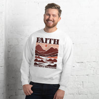 Man Wearing A White Faith Can Move Mountains Sweatshirt