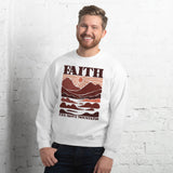 Man Wearing A White Faith Can Move Mountains Sweatshirt