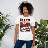 Woman Wearing A Faith Can Move Mountains T-shirt In White