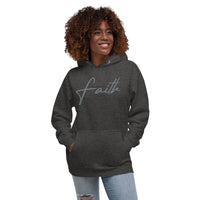 Woman Wearing A Charcoal Heather Faith Hoodie