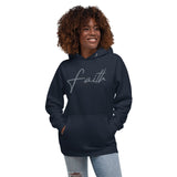 Woman Wearing A Navy Faith Hoodie