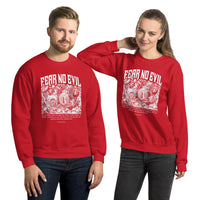 A Couple Wearing A Fear No Evil Sweatshirt In Red