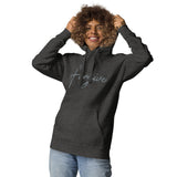 Woman Wearing A Charcoal Heather Forgive Hoodie