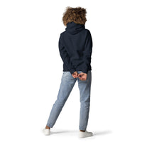 Back View Of A Woman Wearing A Navy Forgive Hoodie