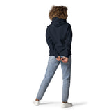 Back View Of A Woman Wearing A Navy Forgive Hoodie