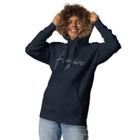 Woman Wearing A Navy Forgive Hoodie