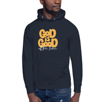 Man Wearing A Navy God Is Good All The Time Hoodie, Front View