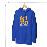 Front View Of A Royal Blue God Is Good All The Time Hoodie  On Hanger