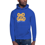 Man Wearing A God Is Good All The Time Hoodie In Royal Blue, Front View