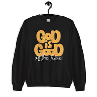 Front View Of A Black God Is Good All The Time Sweatshirt On Hanger