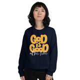 Woman Wearing A Navy God Is Good All The Time Sweatshirt
