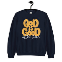 Front View Of A God Is Good All The Time Sweatshirt In Navy On Hanger