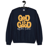 Front View Of A God Is Good All The Time Sweatshirt In Navy On Hanger